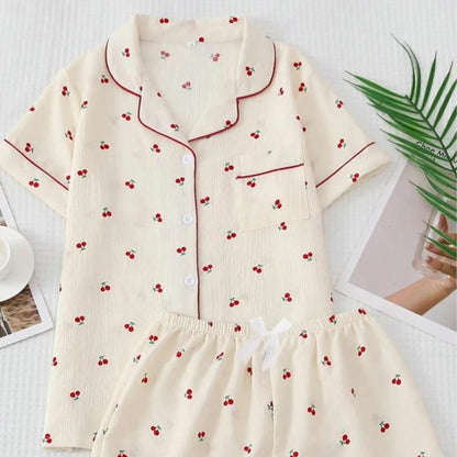 Women'S All over Print Pyjama Set, Back to School Wear, Button Front Top & Bow Decor Shorts, Summer Sleepwear, Pajama Sets Women, Nightwear Set Women