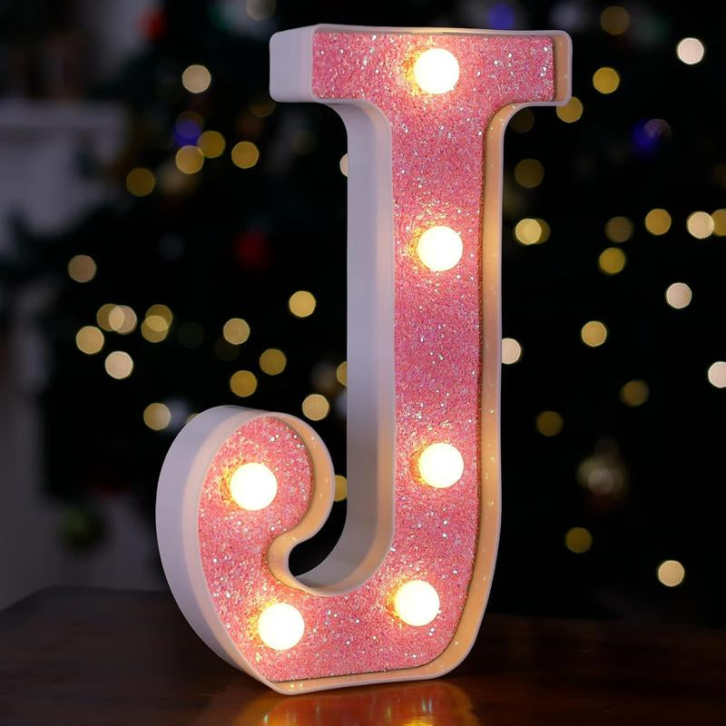 LED Letter Lights Pink Glitter Marquee Letters Light up Alphabet Letters Sign Battery Powered for Home Party Decoration Night Bar Wedding Birthday Holiday Lamp Girls Room Decor - Letter J