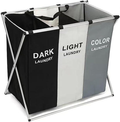 Laundry Cloth Hamper Sorter Basket Bin, Foldable 3 Sections with Aluminum Frame, Washing Storage,Dirty Clothes Bag for Bathroom Bedroom Home