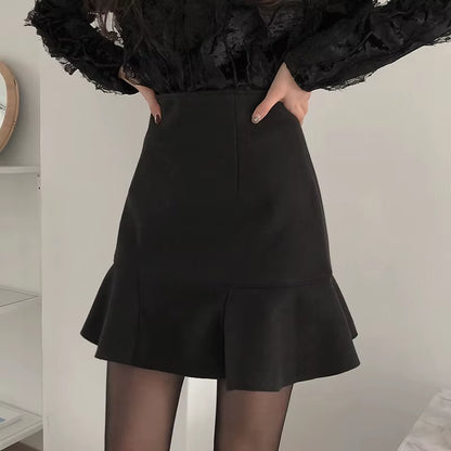 Skirts Women Spring Autumn Ruffles Slender A- Line Mini Skirt Solid England Black Womens Korean Fashion Woman Clothing