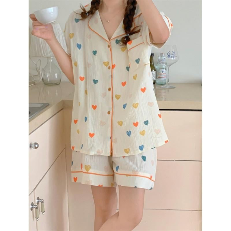 Women'S All over Print Pyjama Set, Back to School Wear, Button Front Top & Bow Decor Shorts, Summer Sleepwear, Pajama Sets Women, Nightwear Set Women