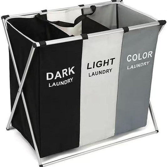 Laundry Cloth Hamper Sorter Basket Bin, Foldable 3 Sections with Aluminum Frame, Washing Storage,Dirty Clothes Bag for Bathroom Bedroom Home