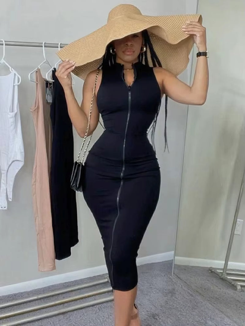 V-Neck Zipper Sexy Black Dress for Women Clothes Silm Soild Sleeveless Streetwear Vestidos De Mujer Fashion Summer Casual Outfit