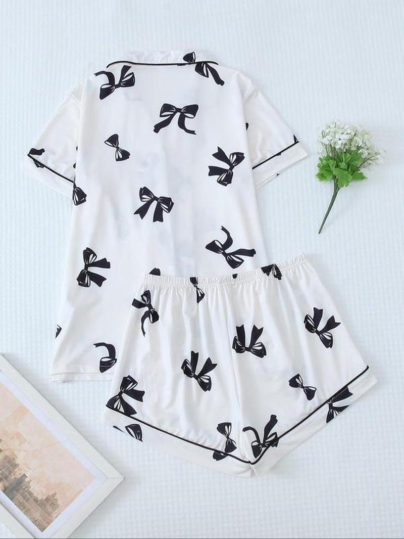 Two-Piece Set Women'S Bow Print Lapel Shirt & Pants Pyjama, Casual Comfy Short Sleeve Pocket Top & Trousers Set, Ladies Summer Sleepwear