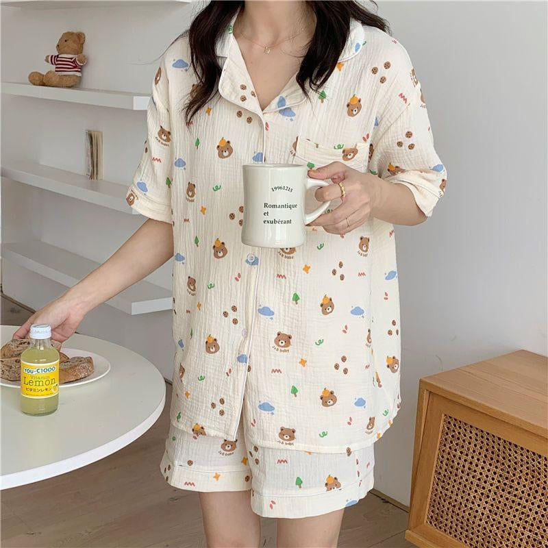 Women'S All over Print Pyjama Set, Back to School Wear, Button Front Top & Bow Decor Shorts, Summer Sleepwear, Pajama Sets Women, Nightwear Set Women