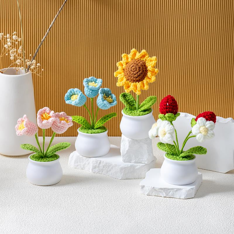 Handmade Crochet Bouquet Potted Flowers, Artificial Flower Potted Plant, Knitted Artificial Forever Flowers with Exquisite Pot Decor Decorative Fruit Decoration Gift Ornaments