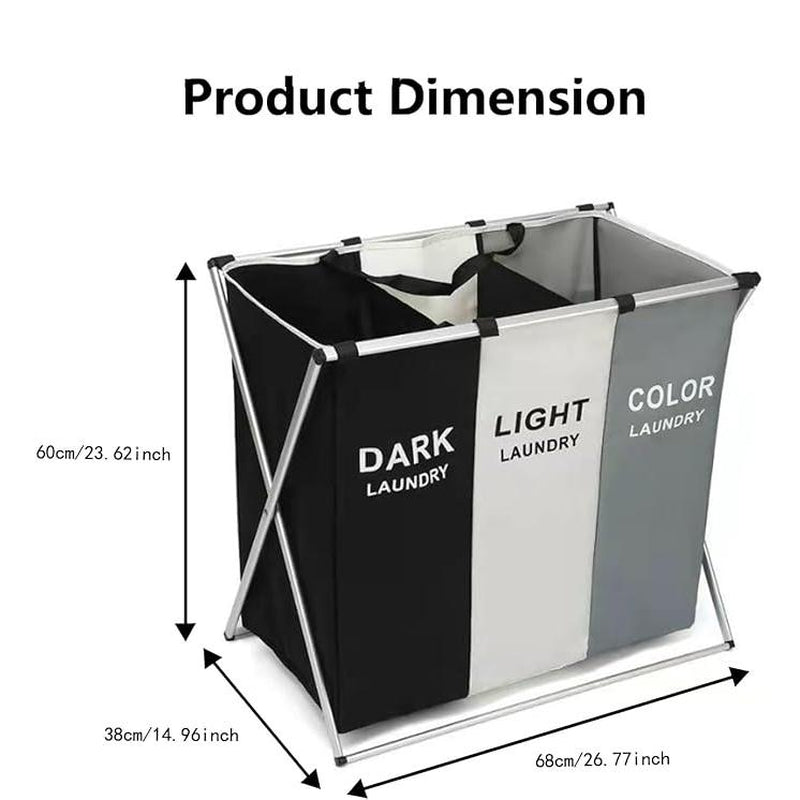 Laundry Cloth Hamper Sorter Basket Bin, Foldable 3 Sections with Aluminum Frame, Washing Storage,Dirty Clothes Bag for Bathroom Bedroom Home