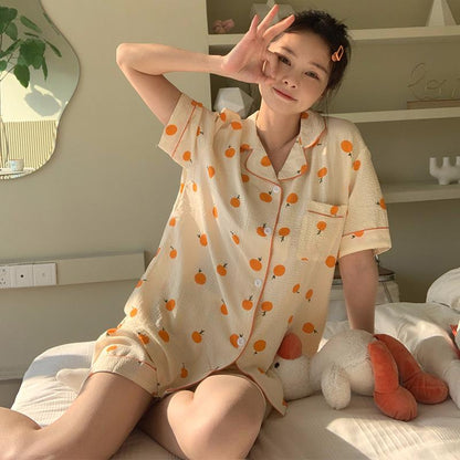 Women'S All over Print Pyjama Set, Back to School Wear, Button Front Top & Bow Decor Shorts, Summer Sleepwear, Pajama Sets Women, Nightwear Set Women