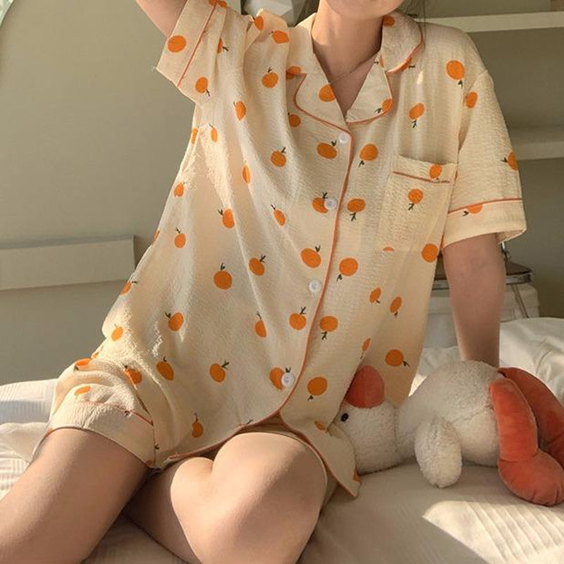 Women'S All over Print Pyjama Set, Back to School Wear, Button Front Top & Bow Decor Shorts, Summer Sleepwear, Pajama Sets Women, Nightwear Set Women