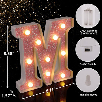 LED Letter Lights Pink Glitter Marquee Letters Light up Alphabet Letters Sign Battery Powered for Home Party Decoration Night Bar Wedding Birthday Holiday Lamp Girls Room Decor - Letter J