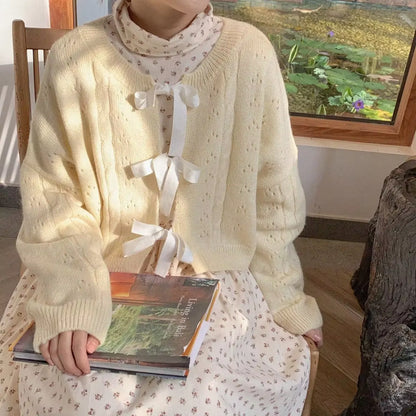 Light Yellow Cropped Cardigan Women Sweet Loose Lace up Knitted Sweater Jackets Female Hollow Tops Fall 2024 Woman Clothing