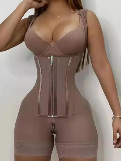 Women'S Solid Contrast Lace Zipper Hook & Eye Closure Shapewear Bodysuit, Tummy Control Butt Lifting Shaper, Girdle Highwaist, Shorts Bodysuit, High Stretch Shapewear for Daily Wear, Body Shapewear