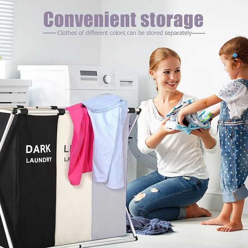 Laundry Cloth Hamper Sorter Basket Bin, Foldable 3 Sections with Aluminum Frame, Washing Storage,Dirty Clothes Bag for Bathroom Bedroom Home