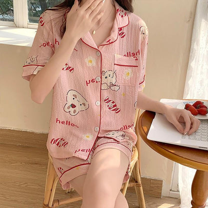 Women'S All over Print Pyjama Set, Back to School Wear, Button Front Top & Bow Decor Shorts, Summer Sleepwear, Pajama Sets Women, Nightwear Set Women