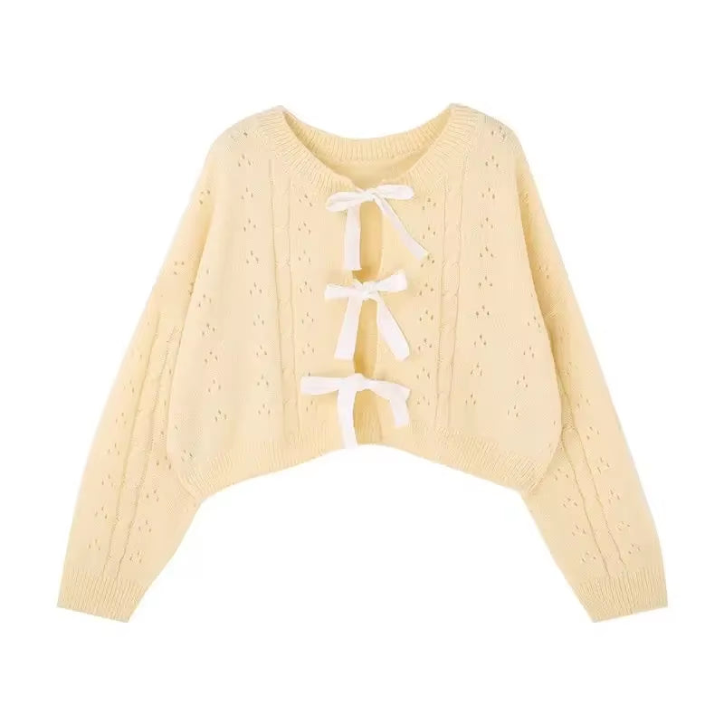 Light Yellow Cropped Cardigan Women Sweet Loose Lace up Knitted Sweater Jackets Female Hollow Tops Fall 2024 Woman Clothing