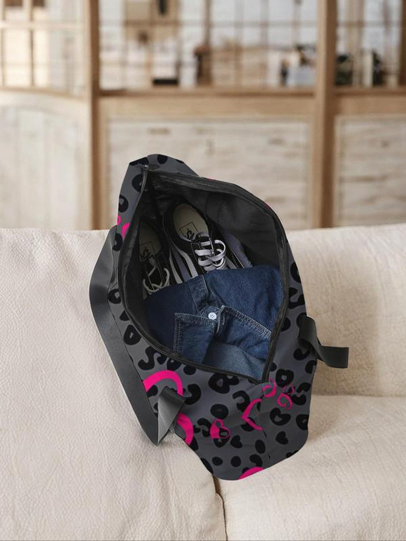 Leopard Heart Pattern Travel Bag, Large Capacity Travel Bag, Portable Overnight Bag, Fashion Travel Bag, Yoga Training Bag, Valentine'S Day, Gift