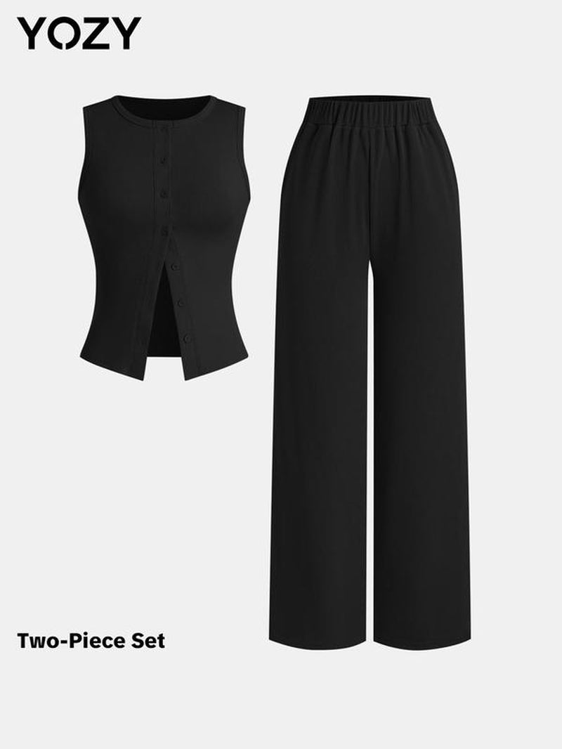 YOZY Women'S Solid Button Front Vest & Wide Leg Pants Two-Piece Set, Casual Sleeveless Top & Pants for Daily Wear, Ladies Two-Piece Outfits for All Seasons