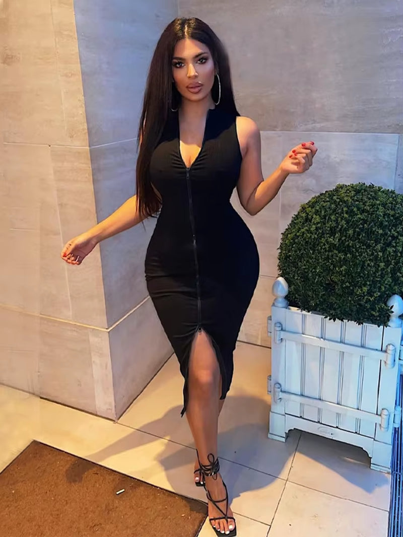 V-Neck Zipper Sexy Black Dress for Women Clothes Silm Soild Sleeveless Streetwear Vestidos De Mujer Fashion Summer Casual Outfit