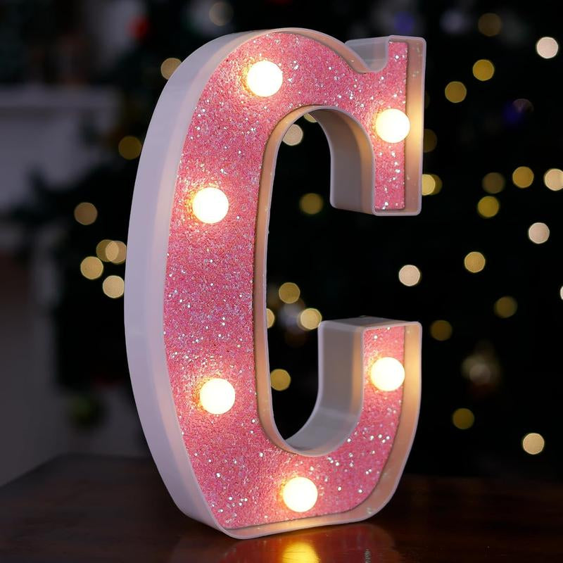 LED Letter Lights Pink Glitter Marquee Letters Light up Alphabet Letters Sign Battery Powered for Home Party Decoration Night Bar Wedding Birthday Holiday Lamp Girls Room Decor - Letter J