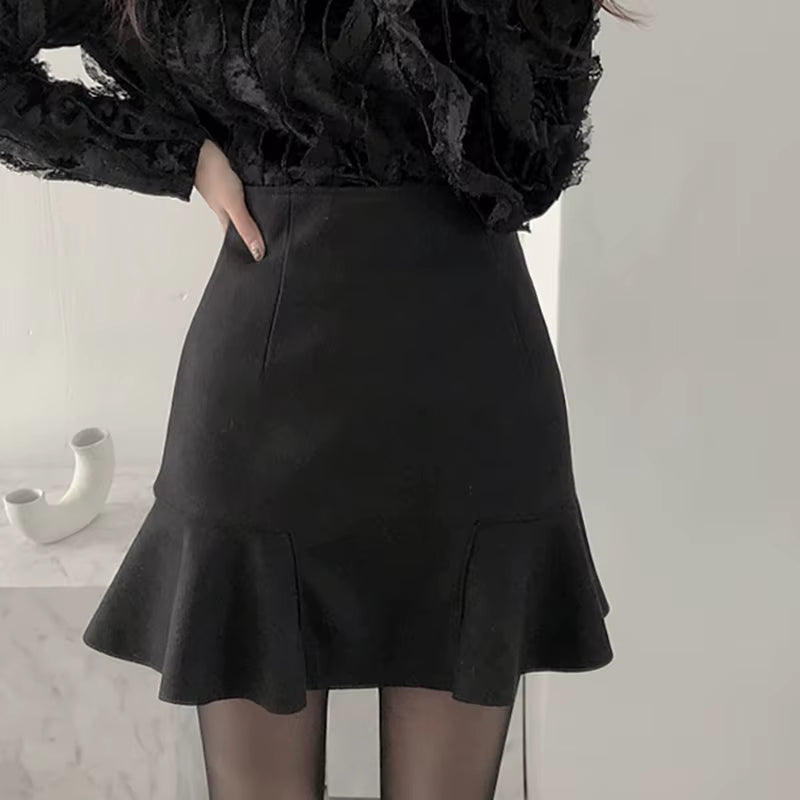 Skirts Women Spring Autumn Ruffles Slender A- Line Mini Skirt Solid England Black Womens Korean Fashion Woman Clothing