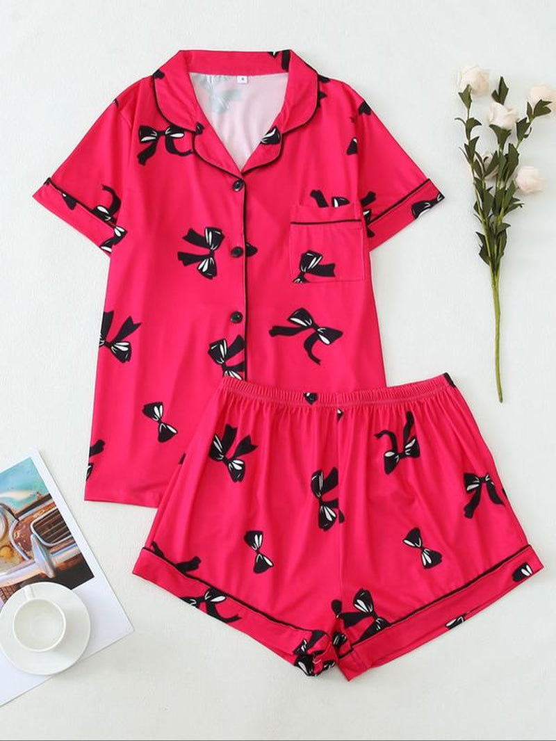 Two-Piece Set Women'S Bow Print Lapel Shirt & Pants Pyjama, Casual Comfy Short Sleeve Pocket Top & Trousers Set, Ladies Summer Sleepwear