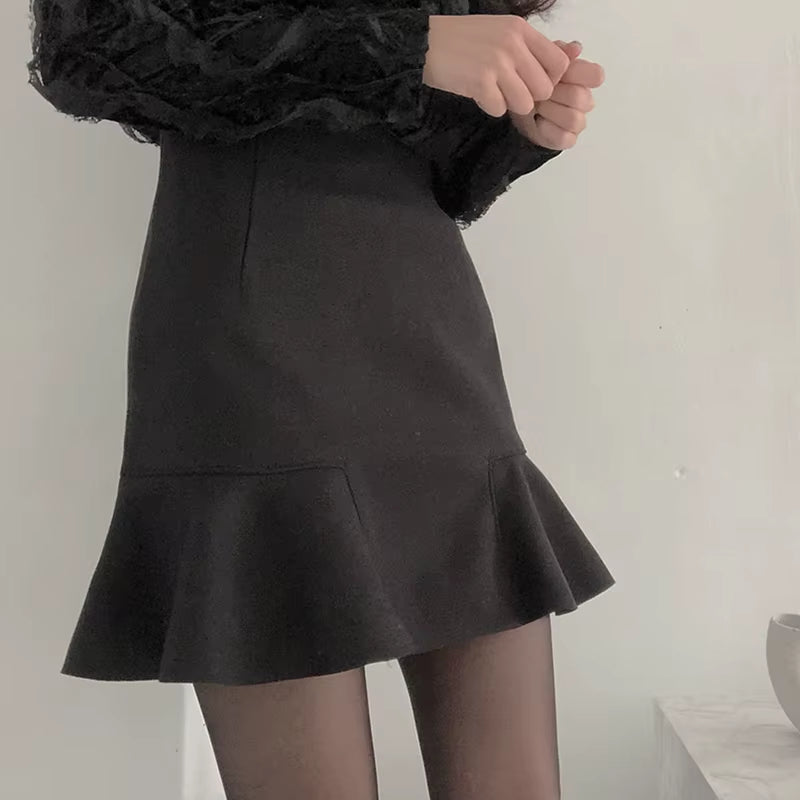 Skirts Women Spring Autumn Ruffles Slender A- Line Mini Skirt Solid England Black Womens Korean Fashion Woman Clothing