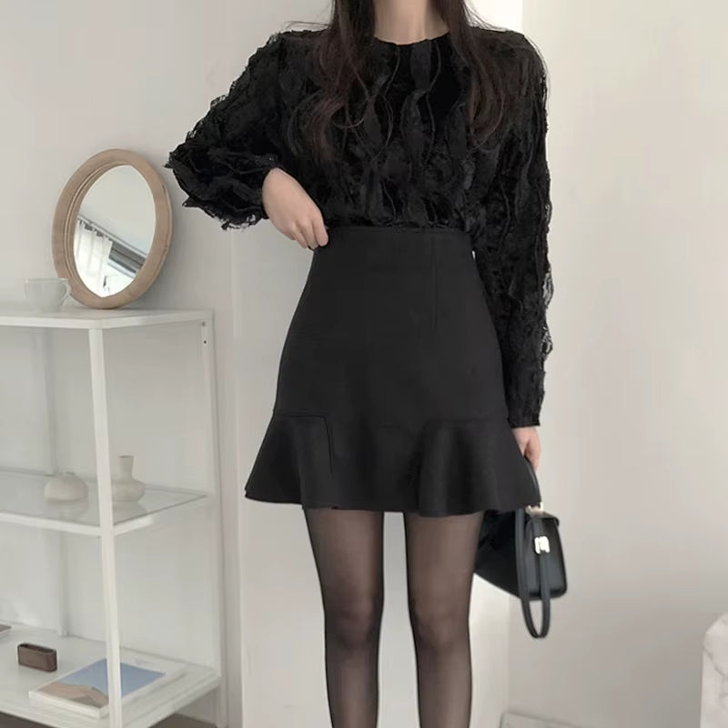 Skirts Women Spring Autumn Ruffles Slender A- Line Mini Skirt Solid England Black Womens Korean Fashion Woman Clothing