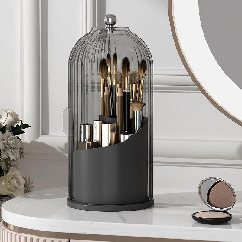 Makeup Brush Holder Organizer with Lid,360 Rotating Clear Dustproof Makeup Brushe Organizer Boxes for Vanity Desktop Bathroom Countertop Vanitydresser