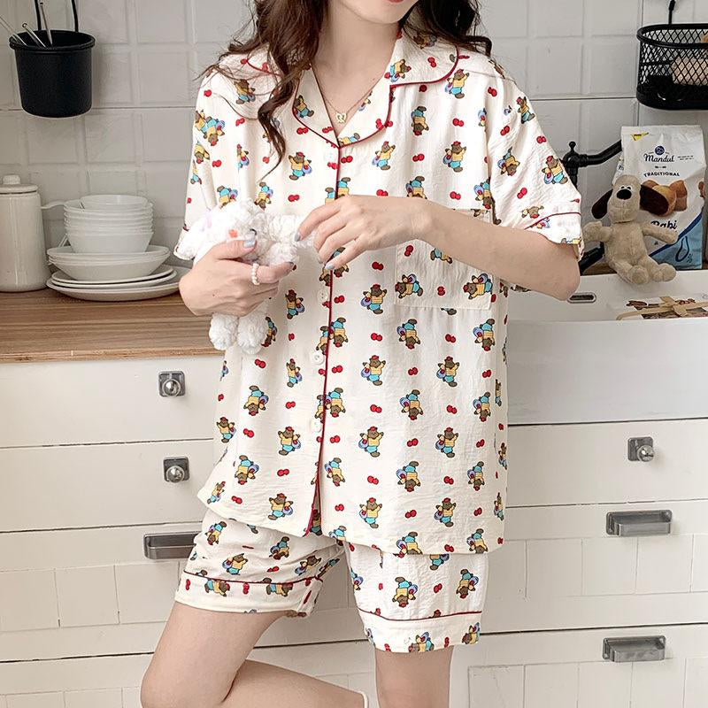 Women'S All over Print Pyjama Set, Back to School Wear, Button Front Top & Bow Decor Shorts, Summer Sleepwear, Pajama Sets Women, Nightwear Set Women