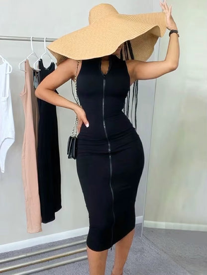 V-Neck Zipper Sexy Black Dress for Women Clothes Silm Soild Sleeveless Streetwear Vestidos De Mujer Fashion Summer Casual Outfit