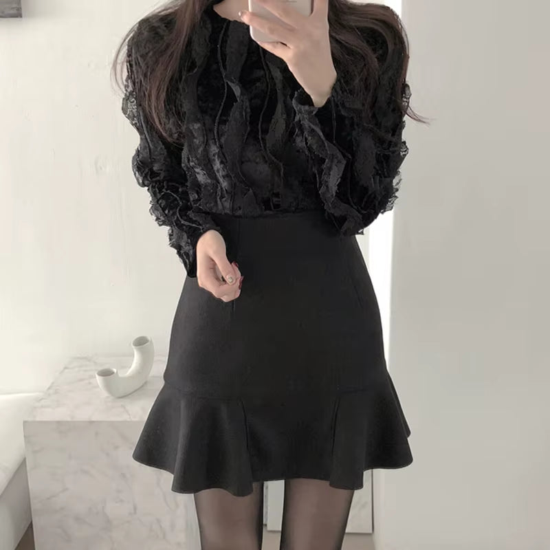 Skirts Women Spring Autumn Ruffles Slender A- Line Mini Skirt Solid England Black Womens Korean Fashion Woman Clothing