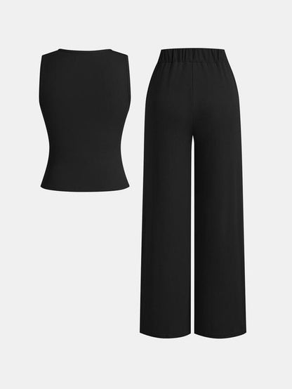 YOZY Women'S Solid Button Front Vest & Wide Leg Pants Two-Piece Set, Casual Sleeveless Top & Pants for Daily Wear, Ladies Two-Piece Outfits for All Seasons