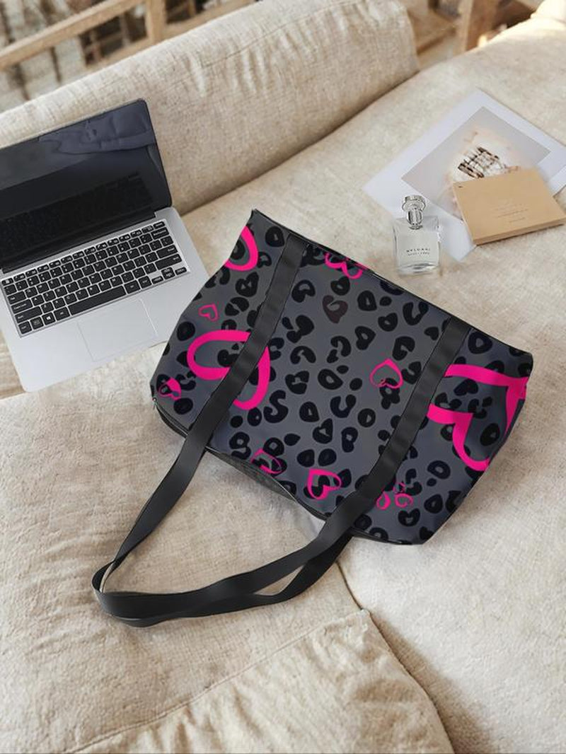 Leopard Heart Pattern Travel Bag, Large Capacity Travel Bag, Portable Overnight Bag, Fashion Travel Bag, Yoga Training Bag, Valentine'S Day, Gift