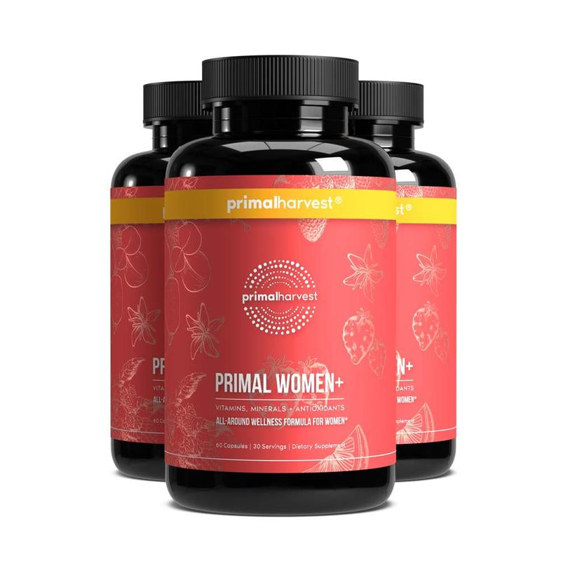 Primal Women+: 24 Essential Nutrient Multivitamin for Women. Formulated with Key Vitamins A, C, D3, E, B-Vitamins, GABA and More. 60 Capsules